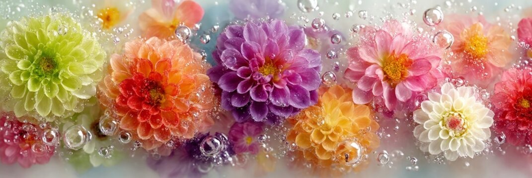 Una composici&oacute;n art&iacute;stica de flores de dahlia cubiertas de gotas de agua, creando un efecto de jard&iacute;n m&aacute;gico y brillante.