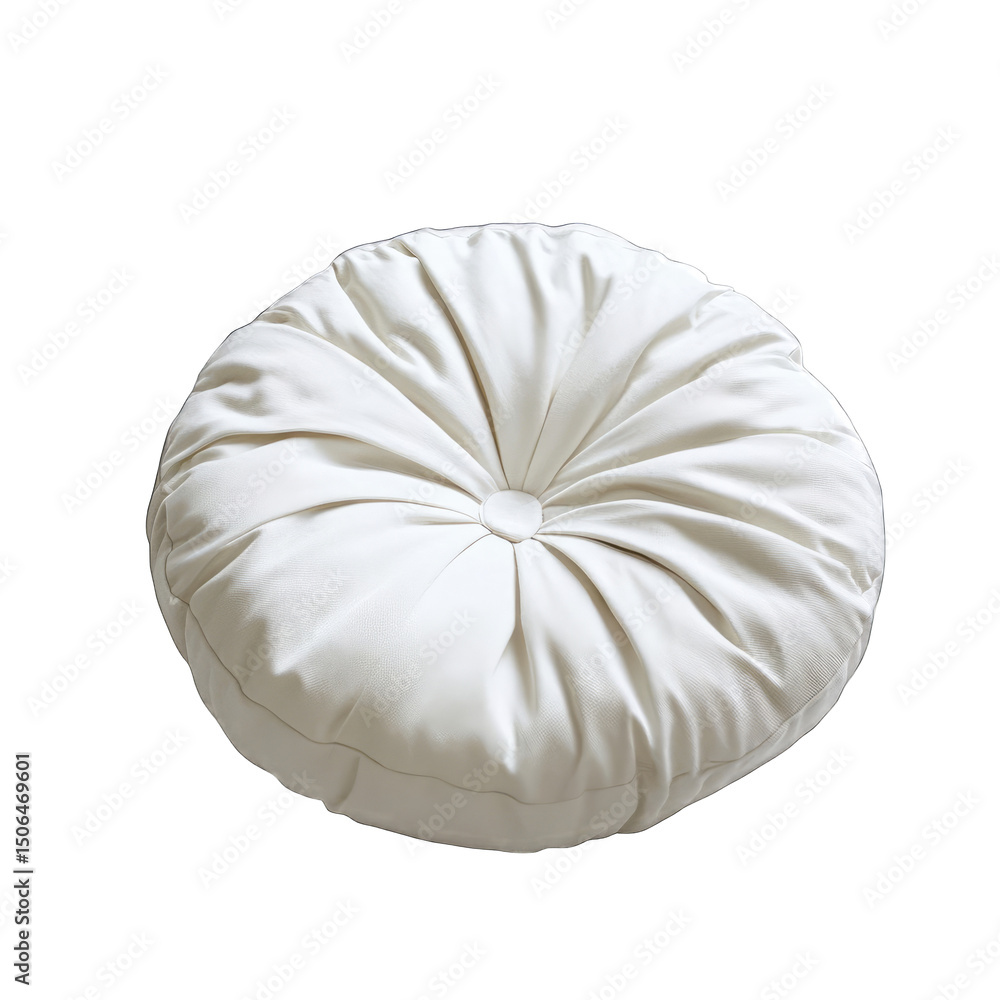 Poster a single white round cushion with a button in the center on a black background in a studio shot isol