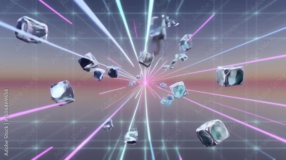 Poster floating cubes and light trails in neon matrix create vibrant data flow experience.