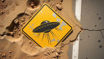 UFO warning sign covered in mud by road