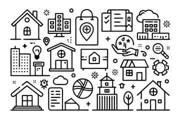 Real Estate and Cityscape Icons in Black and White Doodle Style