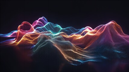 Una representación abstracta de ondas luminosas en tonos vibrantes sobre un fondo negro.