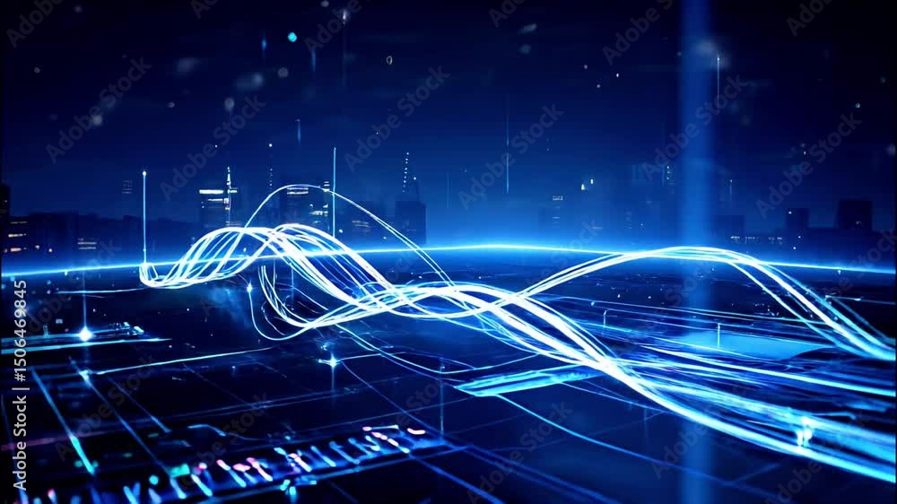 Poster neon lines and curves holographic chart visualizing dynamic data trends