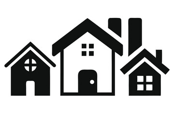 Three Simple Black and White House Icons with Chimneys and Windows