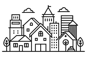Fototapeta premium Minimalist Cityscape Illustration with Houses Buildings Clouds and Trees in Black and White