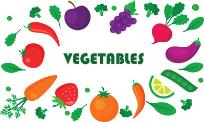 Hand drawn colorful vegetables and salad. Modern abstract minimal style. Healthy organic food. Tomatoes, onion, zucchini, eggplant, leek, potatoes, corn, peppers, beet. Vector flat illustration. 