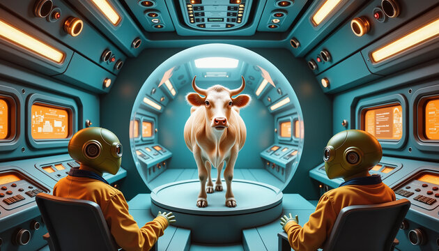 Cow inside alien spaceship being studied by aliens
