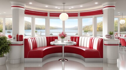 Retro Diner Booth Seating with Lake View Red and White Banquette in Modern Restaurant Setting