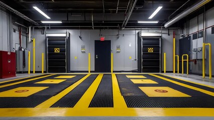 Industrial loading dock with yellow markings and doors - Powered by Adobe