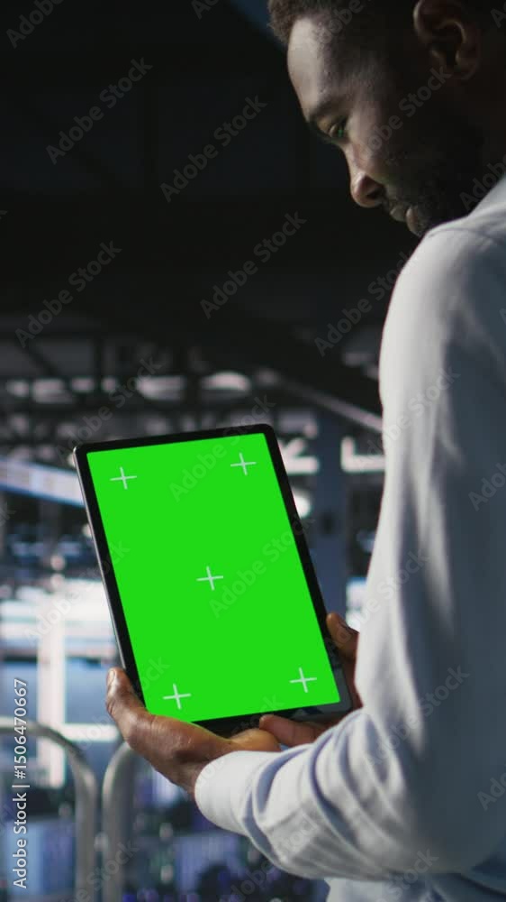 Poster vertical video data center engineers on industrial platform using isolated screen device, collaborat