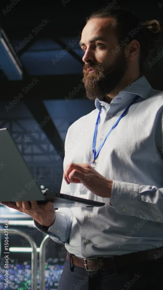 Poster vertical video data center admins monitoring artificial intelligence llm visualization. teamworking 