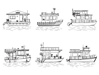Elegant Houseboat Line Art Illustration For Creative Projects
