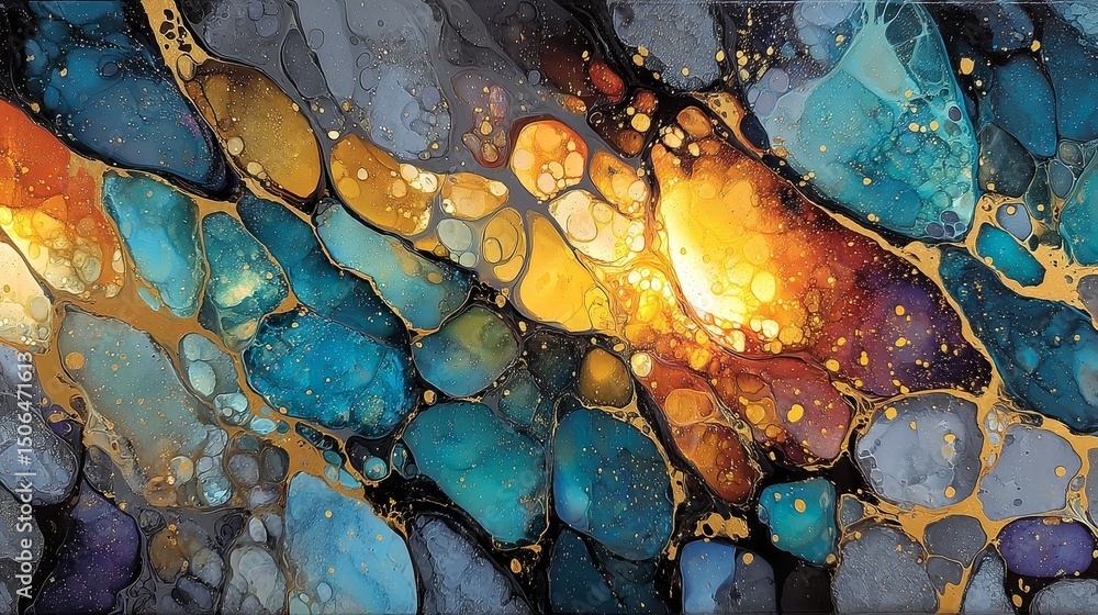 Poster abstract surreal painting with paradoxical shapes and enigmatic forms merging in a mesmerizing mosai