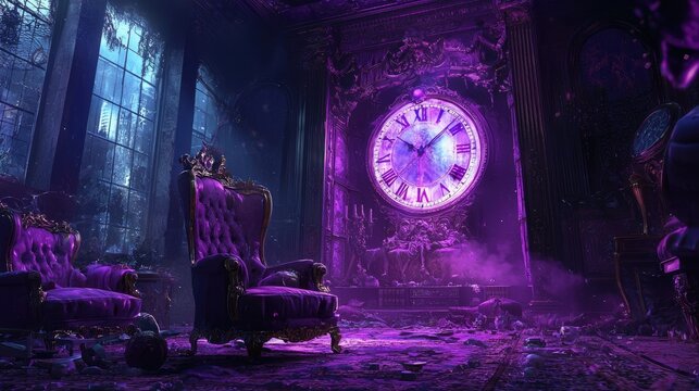 A grand, purple-lit, decaying room with a clock.