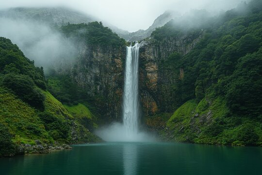 Majestic waterfall plunges into serene lake, misty mountain backdrop; nature scene