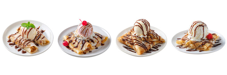 Set of Crepes with ice cream flavor on a white plate isolated on a transparent background