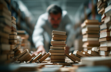 Obraz premium Librarian organizing many books in library or bookstore