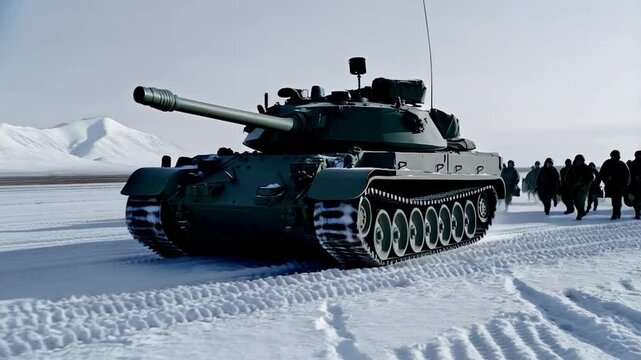 Military tank and soldiers on snowy terrain