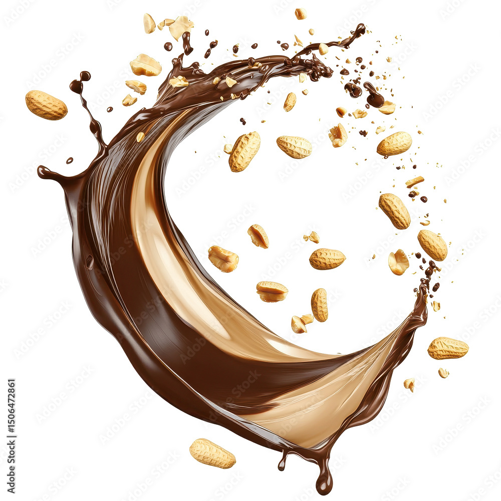 Poster chocolate splash creates a dynamic swirl with cocoa and coffee surrounded by crushed nuts, chocolate