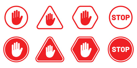 Stop hand icon set. Stop hand road sign symbol. Hand stop icon vector. Isolated on white background. EPS 10