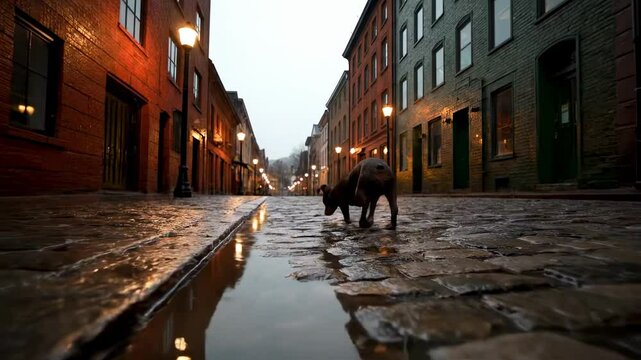 A small dog walks alone on a wet cobblestone street in a quiet urban area, surrounded by historic buildings and street lamps at dusk - petit chien