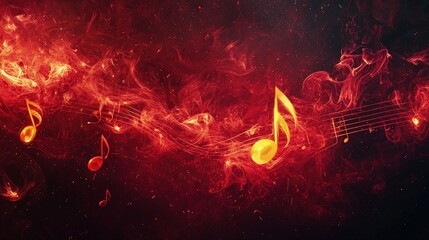 Abstract musical notes within fiery smoke.