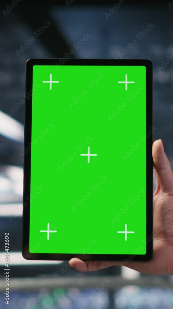 Poster vertical video military technicians in data center use green screen mockup tablet to monitor systems
