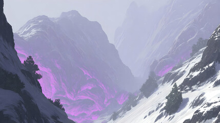 world with glowing crystal monoliths and floating snow dust