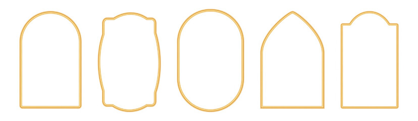 Collection of golden shiny arches in oriental style. Arabic golden frames, traditional islamic window shape, gates, doors, mosque arches, moroccan borders. Muslim architecture design elements. Vector