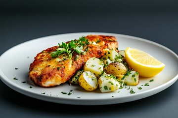 **German Schnitzel With Lemon Wedge And Potato Salad, Arranged On A Clean White Plate, Minimalist Background, Bottom Copy Space --Ar 3:2 --S 360 --V 6.1 --P G8Gxrjv** - @Darya (Relaxed)