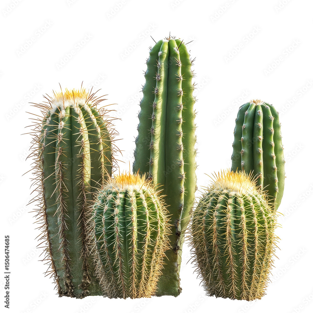 Poster multiple cactus varieties isolated on transparent background highlighting their unique shapes and te