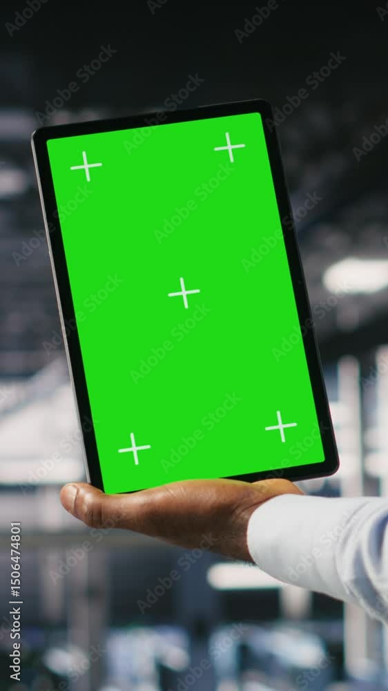 Poster vertical video data center engineers on industrial platform using isolated screen device, collaborat