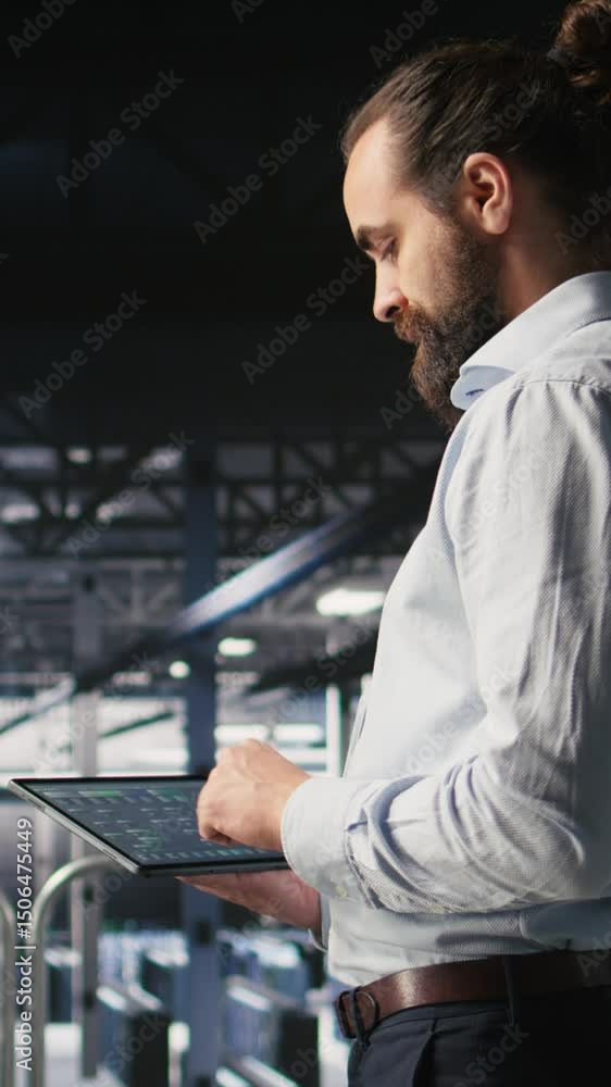 Poster vertical video programmers on data center industrial platform checking code on tablet, doing softwar
