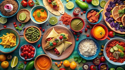 Overhead View Mexican Food Fiesta: Tacos, Burritos, Enchiladas, Guacamole, Salsa
