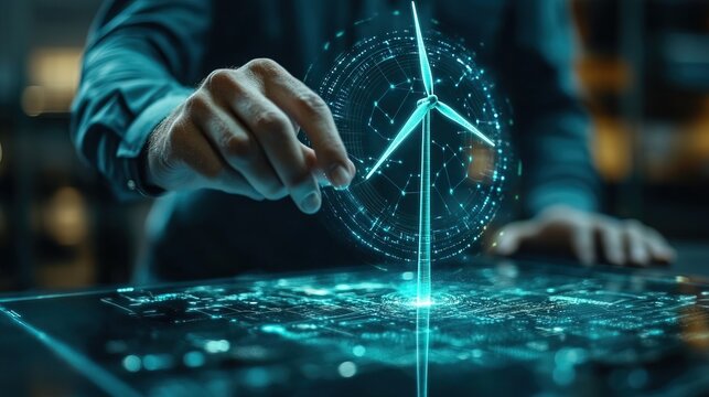 A businessman controlling a holographic wind turbine, sustainable energy concept  - Powered by Adobe