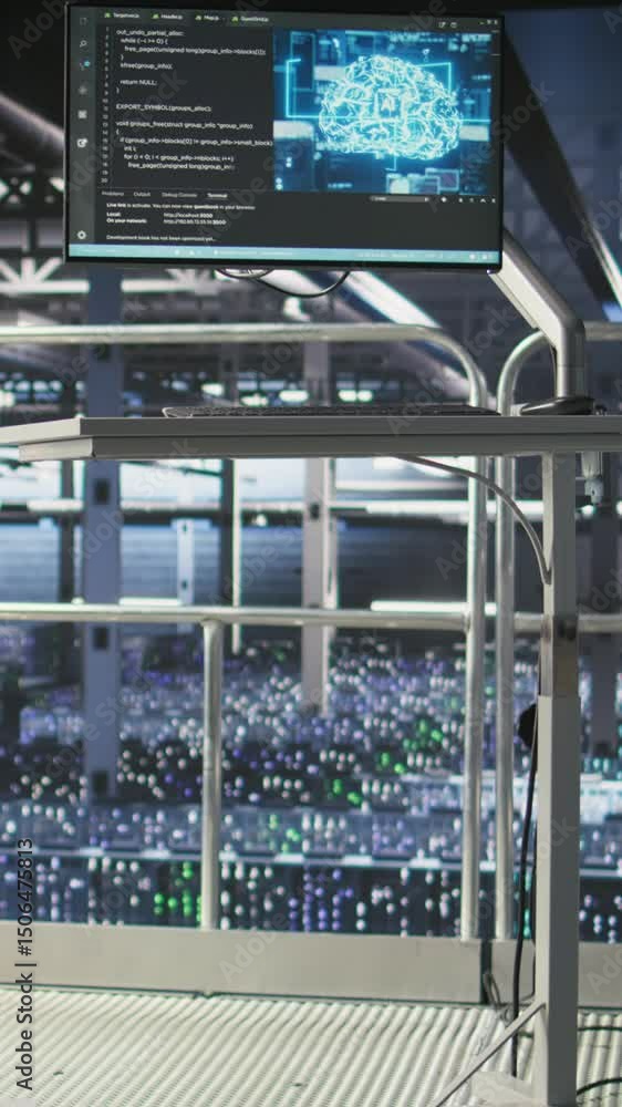 Poster vertical video pc monitor on data center industrial platform displaying hardware status for ai train
