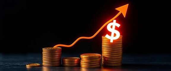 Upward trending graph with dollar sign, coins, and glowing effect,  growth,  capital