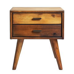 A wooden nightstand with two drawers and angled legs against a black studio background in a close up shot isolated on transprent background