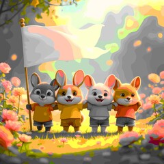 Naklejka premium Four Cheerful Cartoon Rabbits Holding a Waving Banner
