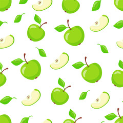 Green apples pattern. Whole fruits, slices, and quarters. Hand drawn vector illustration.