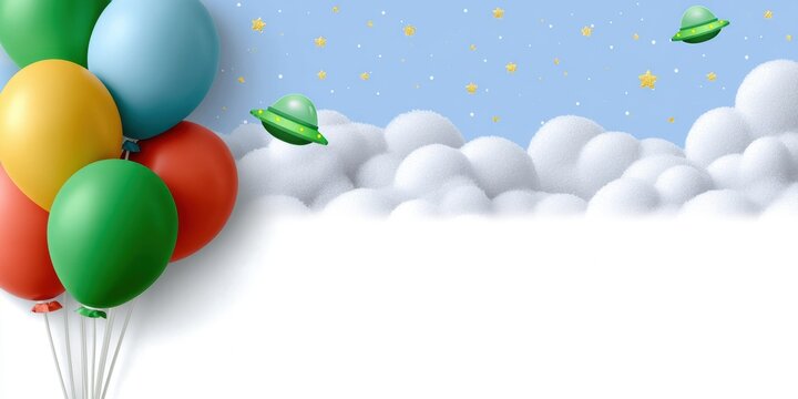 alien birthday party, kids postcard with cute alien party, vibrant balloons, ufo decor, and text space in the clouds above for personalized messages
