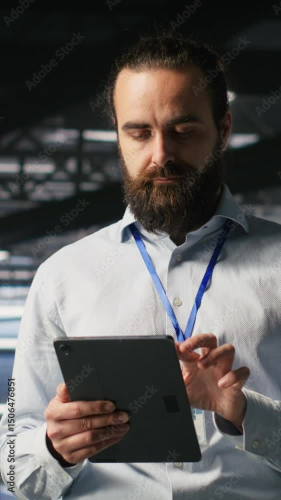 Poster vertical video technicians on data center platform using devices to monitor neural network llm visua