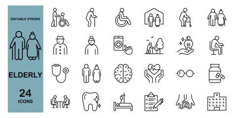 Elderly line icon set. Nursing home, hospital, medical, senior citizens. Editable stroke. Vector illustration