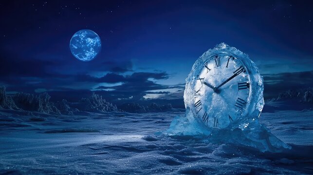 Frozen clock face, icy landscape, and cosmic night sky.