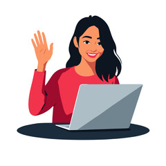 Person waving during video call at home, digital connection