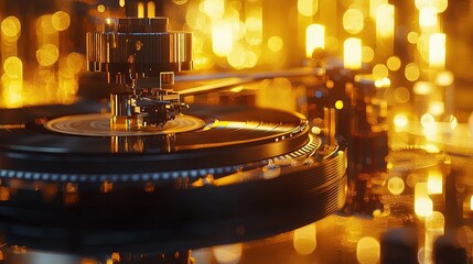 Close-up view of a vintage record player mechanism in motion.