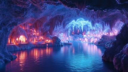 A futuristic village built within a neon-lit crystal cave, advanced earth civilization 