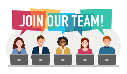 Join our team landing page. Group of employee working with computer in flat design vector illustration.