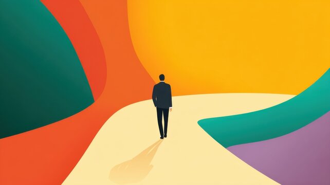 A person in a suit walks alone on a winding path surrounded by bold, colorful abstract shapes.