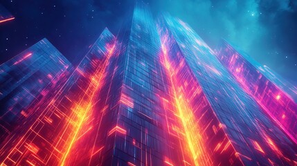 A corporate skyscraper covered in neon electric patterns, futuristic business energy concept 